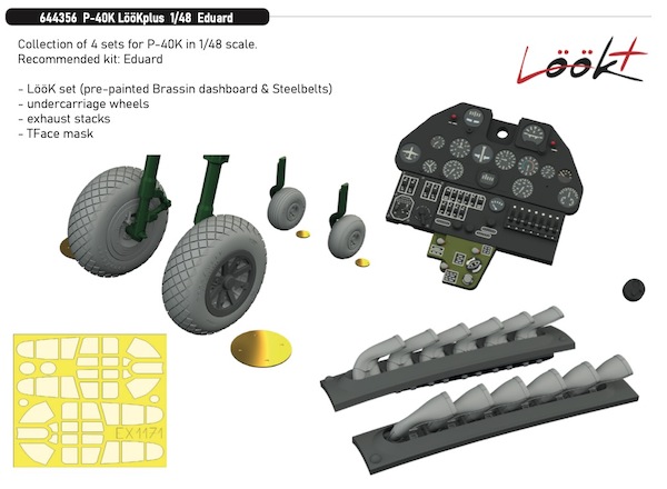 Curtiss P40K Warhawk Löök + Instrument Panel and seatbelts, Fishtail Exhaust stacks, Diamont tread wheels and TFace mask (Eduard)  E644356