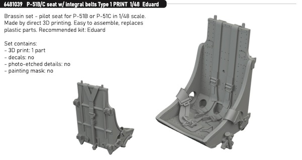 P51B/C Mustang Seat with integral seatbelts Type 1 (Eduard) E6481039