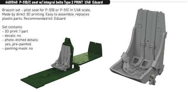 P51B/C Mustang Seat Type 2 with Integral Seatbelts  (Eduard)  E6481040