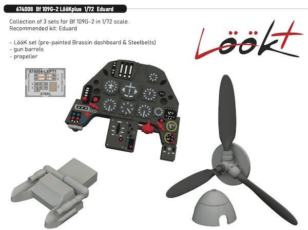 Messerschmitt Bf109G-2 Löök + Instrument Panel and seatbelts, Gunbarrels and propeller  (Eduard)  E674008
