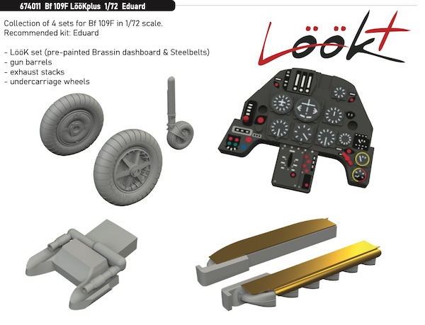 Messerschmitt Bf109F Löök + Instrument Panel and seatbelts, Gunbarrels, wheels and exhaust stacks (Eduard) E674011