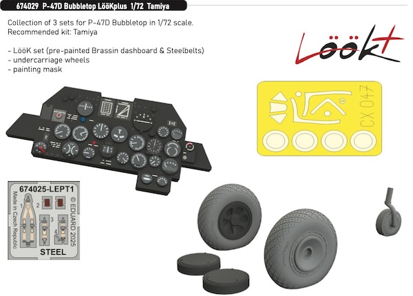 P47D Thunderbolt Bubbletop Löök+ Instrument Panel and seatbelts, Wheels and canopy Mask (Tamiya) E674029