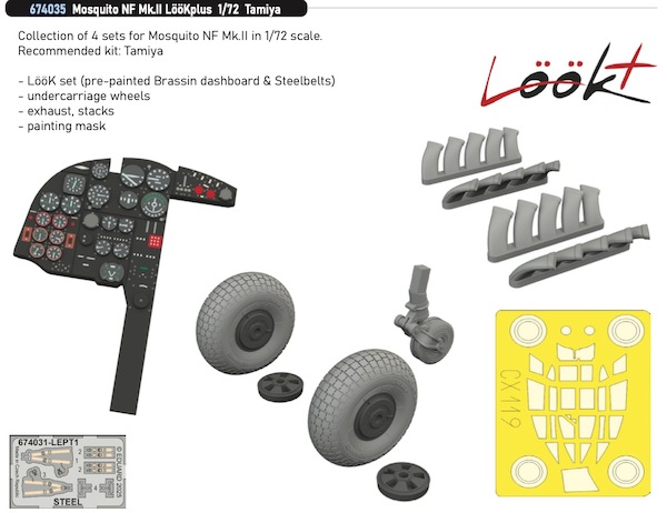 Mosquito NF Mk.II Löök+ Instrument Panel and seatbelts, Exhaust Stacks, wheels and canopy Mask (Tamiya) E674035