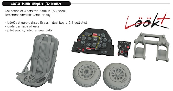 P51D Mustang Löök+ Instrument Panel and seatbelts, Block Tread Wheels,  Seat with integral belts (Arma Hobby)y)  E674060