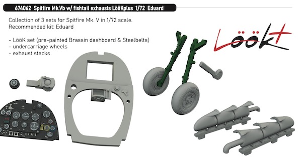 Spitfire MKVb  Löök+ Instrument Panel and seatbelts, Three Stack Fishtail exhaust, Wheels (Eduard)Tamiya)  E674062