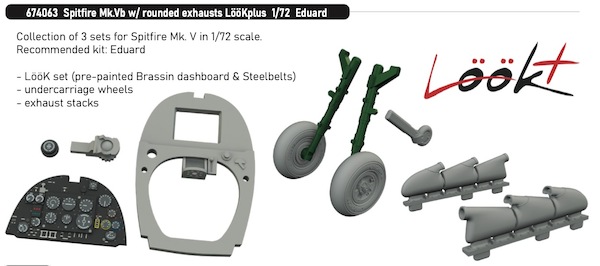 Spitfire MKVb  Löök+ Instrument Panel and seatbelts, Three Stack Rounded exhaust, Wheels (Eduard)Tamiya)  E674063
