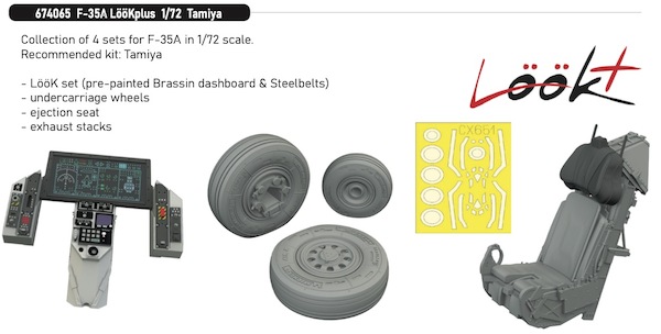 F35A Lightning II Löök+ Instrument Panel and seatbelts, Wheels,  Ejection Seat, Mask (Tamiya)  E674065