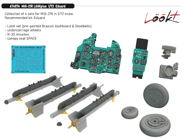 Mikoyan MiG21R Löök+ Instrument Panel and seatbelts, Ejection seat, R-3S Missiles and canopy seal mask (Eduard) E674074