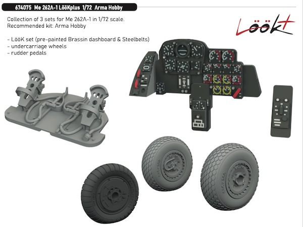 Messerschmitt Me 262A-1 Löök+ Instrument Panel and seatbelts, Rudder Pedals, Wheels (Arma Hobby) E674075