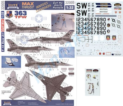 F16 Gulf war Nose art "363TFW:  Max Thrust, Hooters Standards, Eat my shorts, Hussein"  32005