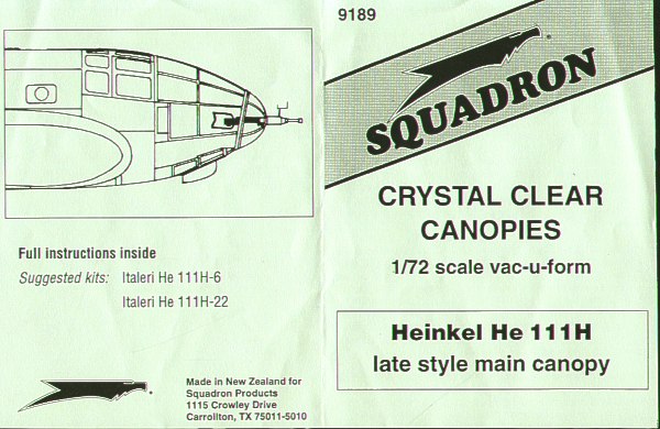 Heinkel He111 late style main canopy for He111H-6/22(Italeri)  SQ09189