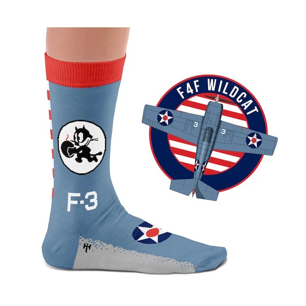 Pair of fighter jets socks: Iconic Squadrons F4F Wildcat Butch O'Hare F-3 Felix Tomcatters  SOCK F3