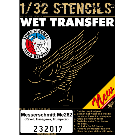 Wet Transfer stencils for Messerschmitt Me262 (Revell, Hasegawa, Trumpeter)  HGW232017