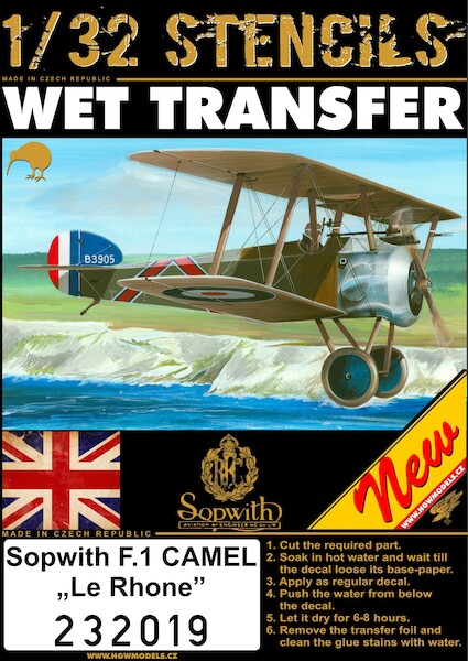 Wet Transfer stencils for Sopwith F1 Camel "Le Rhone" (Wingnut wings)  HGW232019
