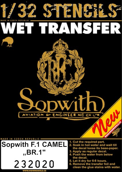 Wet Transfer stencils for Sopwith F1 Camel "Br1" (Wingnut wings)  HGW232020
