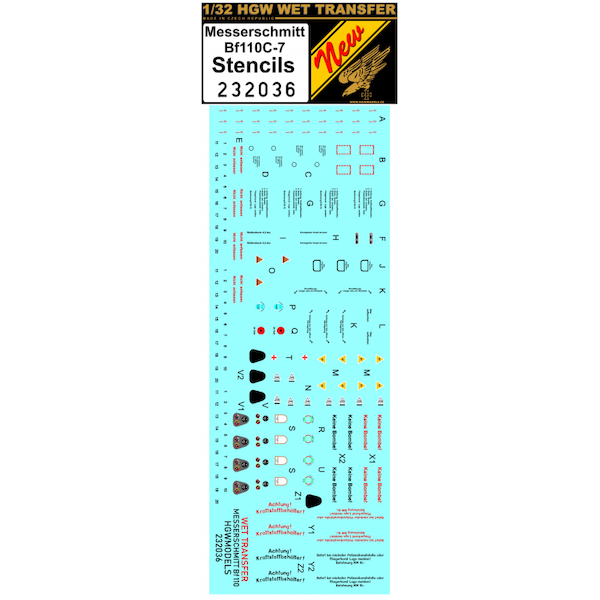 Wet Transfer stencils for Messerschmitt BF110C-7 (Revell, Dragon) HGW232036