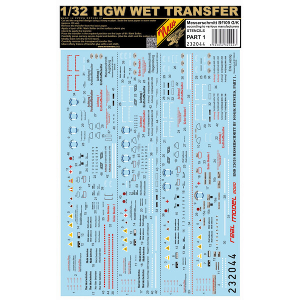 Wet Transfer stencils for Messerschmitt BF109G/K (Various) Part 1 HGW232044