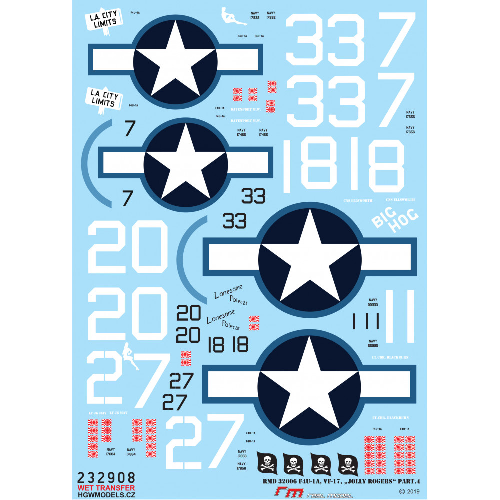 HGW 1/32 wet transfers for F4U-1A Corsair VF-17 Jolly Rogers Part 4 - 232908 HGW 1/32 wet transfers for F4U-1A Corsair VF-17 Jolly Rogers Part 4 - 232908
