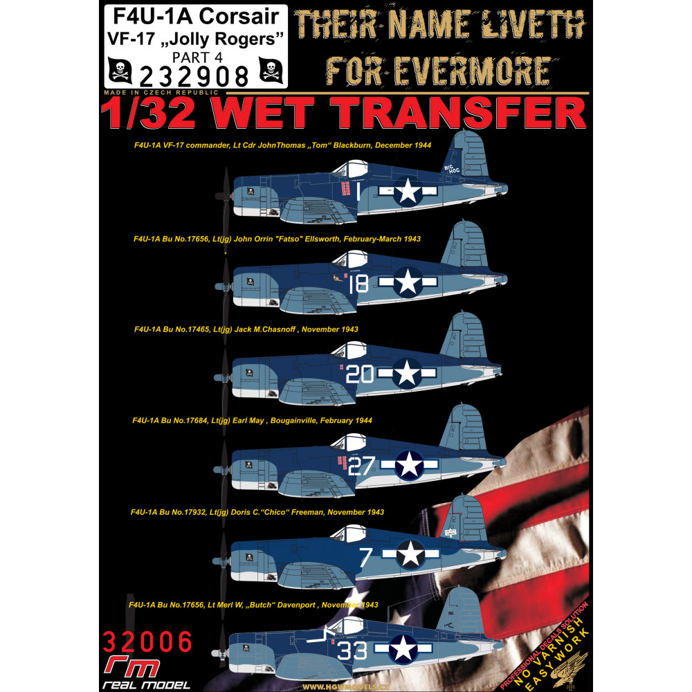 HGW 1/32 wet transfers for F4U-1A Corsair VF-17 Jolly Rogers Part 4 - 232908 HGW 1/32 wet transfers for F4U-1A Corsair VF-17 Jolly Rogers Part 4 - 232908
