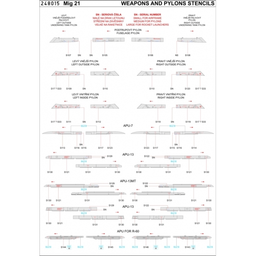 Wet Transfer Weapon and pylon stencils Mikoyan MiG21MF, PF, PFM, R  HGW248015
