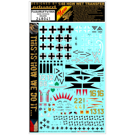 Wet Transfer Decals markings and stencils for Focke Wulf FW190A (Early versions) (Eduard) HGW248043