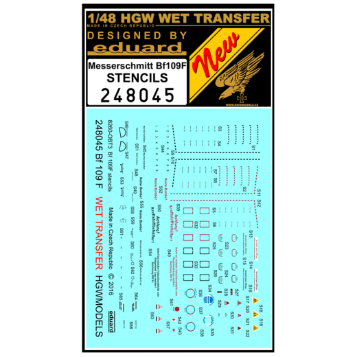 Wet Transfer Decal  stencils for Messerschmitt BF109F (Eduard)  HGW248045