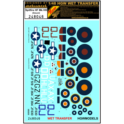 Wet Transfer Decal Markings for Spitfire HF MKVIII (Eduard) HGW248046