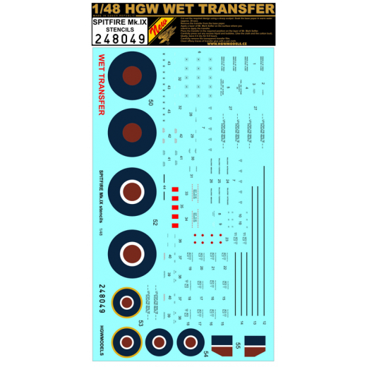 Wet Transfer Decal Stencils for Spitfire MKIX (Eduard) HGW248049