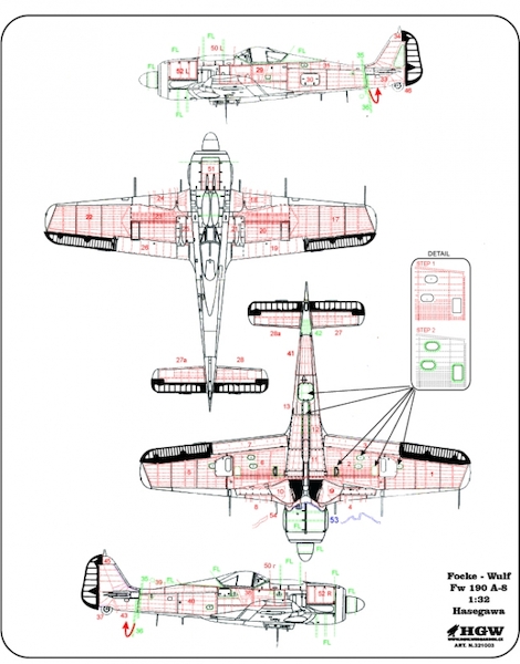 Riveting set plus Control Surface Fabric Covering for Focke Wulf FW190A-8 (Revell/Hasegawa)  HGW321003