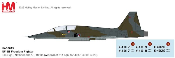 Northrop F-5B Freedom Fighter RNLAF, KLU, Royal Netherlands Air Force, 314 Sqn., 1980s (w/decal of 314 sqn. for 4017, 4019, 4020) HA33019