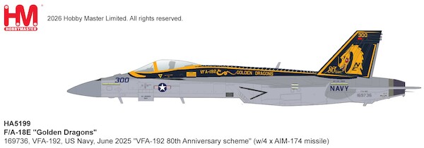 F/A-18E "Golden Dragons" 169736/NE-300, VFA-192, US Navy, June 2025 "VFA-192 80th Anniversary scheme" (w/4 x AIM-174 missile)  HA5199