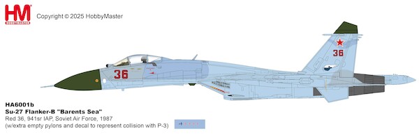 Sukhoi Su27 Flanker B "Barents Sea" Red 36, 941sr IAP, Soviet Air Force, 1987 (w/extra empty pylons and decal to represent collision with P-3) HA6001b