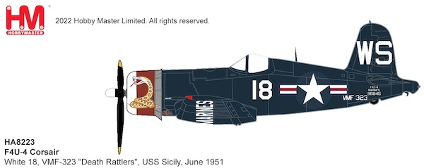 Vought F4U-4 Corsair White 18, VMF-323 "Death Rattlers", USS Sicily, June 1951 (with 8 HVAR rockets) HA8223