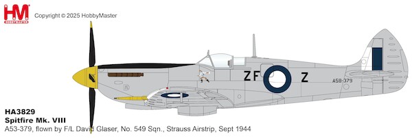Spitfire Mk.VIII A53-379, flown by F/L David Glaser, No. 549 Sqn., Strauss Airstrip, Sept 1944 HA8329