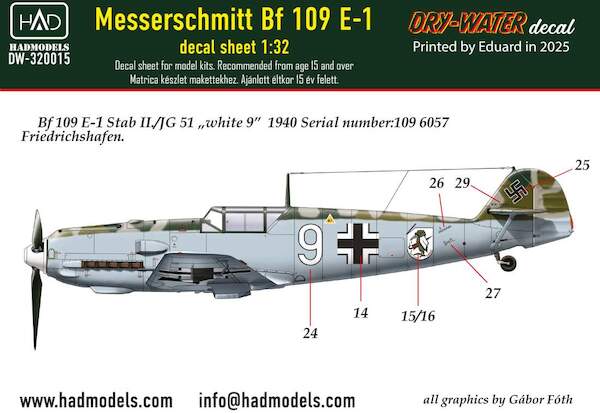 Messerschmitt Bf109E-3  Dry Water Decal  HADDW32015