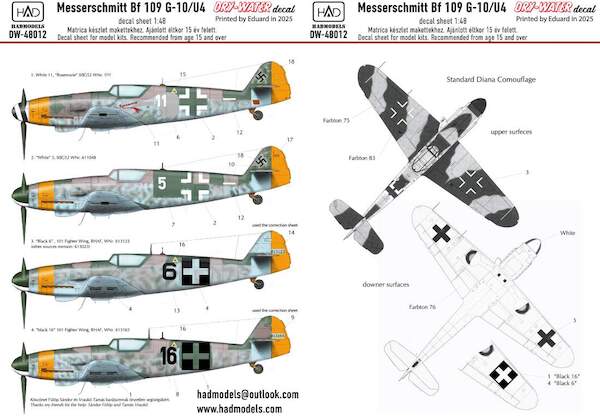 Messerschmitt Bf109G-10/U4  Dry Water Decal  HADDW48012