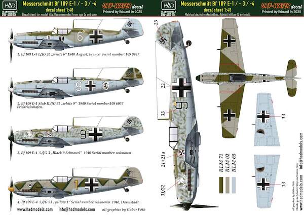 Messerschmitt Bf109E-1/-3/-4  Dry Water Decal  HADDW48015