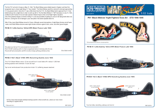 P61 Black Widow Night Fighters Nose Art - ETO 1944-1945 "Little Audry", "Hel'n Back" kw132019