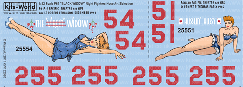 P61 Black Widow Night Fighters Nose Art - Pacific Theatre 1944-1945 :"The Virgin Widow", "Husslin Hussey" kw132020
