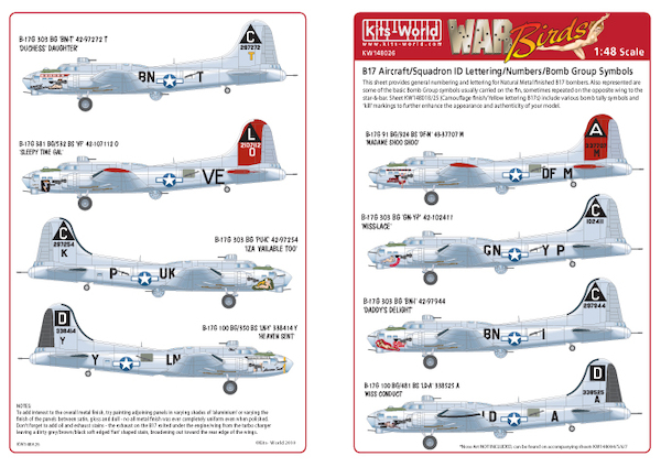 B17 Aircraft ID/Squadron ID Lettering/Numbers/Bombs (black) group symbols kw148026