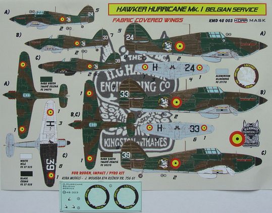 Hawker Hurricane MK1 Belgian Service Masking set  KMD48003