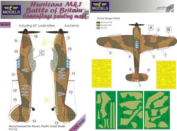Hurricane Mk.I Battle of Britain Camo. Painting Mask A-scheme with code letters (Revell, PC, Fly)  LFM3283