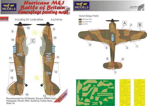 Hurricane Mk.I Battle of Britain Camo. Painting Mask A-scheme with code letters LFM72130