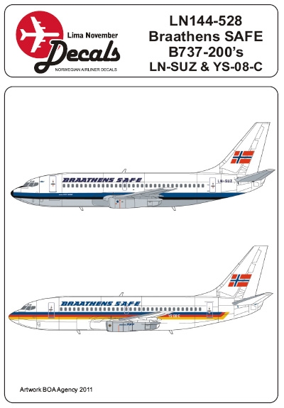 Boeing 737-200 (Braathes SAFE LN-SUZ with VASP cheatline and YS-08-C in TACA colours.)  ln144-528
