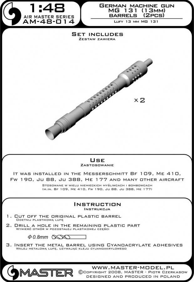 Master Model 1/48 German machine gun MG 131 (13mm) barrels - AM48014 Master Model 1/48 German machine gun MG 131 (13mm) barrels - AM48014