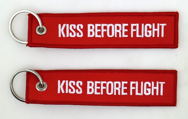 Keyholder with KISS BEFORE FLIGHT on both sides, red background  KEY-KISS