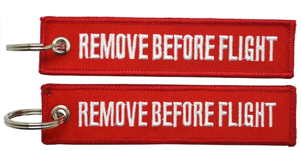 Keyholder with REMOVE BEFORE FLIGHT on both sides, red background KEY-RBF