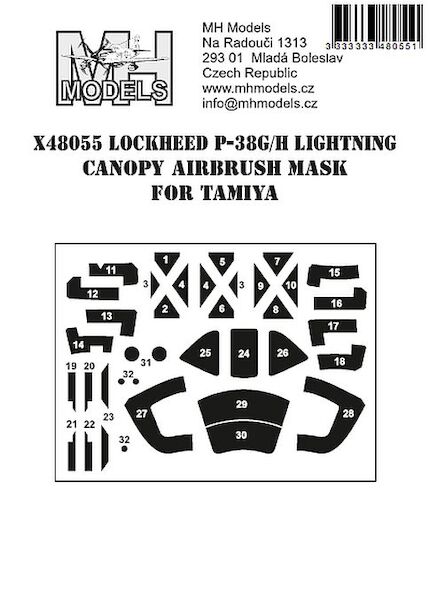 Lockheed P38G/H Lightning Canopy airbrush mask (Tamiya) X48055