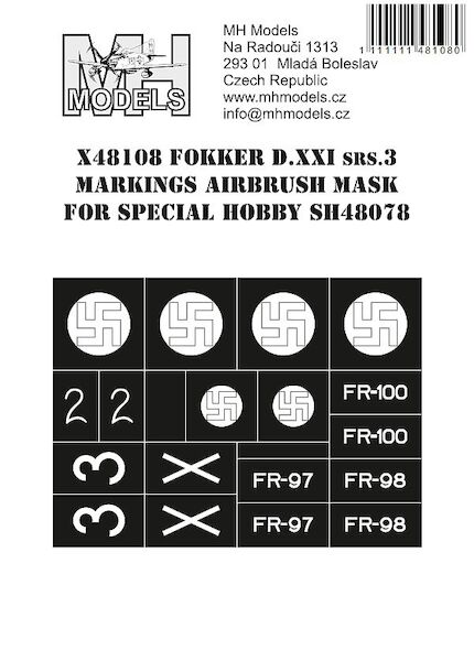 Fokker DXXI srs 3 Markings Airbrush Masks  (Special Hobby  SH48078)  X48108