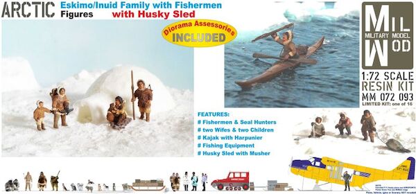 Eskimo/Inuid Family with Fishermen, Waterline Kajak Arctic Figures - Husky sled with Musher MM072-093